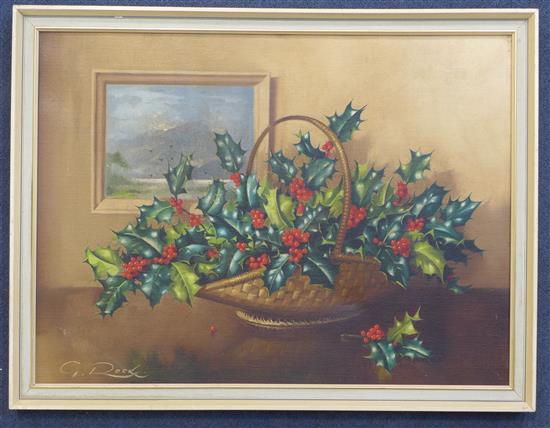 Geoffrey A. Rock (1923-) Still life of holly in a basket, 15 x 20in.